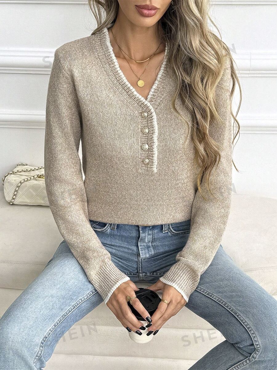SHEIN Sweater Lengan Panjang Wanita dengan Kancing Setengah Plaket