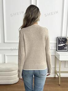 SHEIN Sweater Lengan Panjang Wanita dengan Kancing Setengah Plaket - Aprikot - View 3