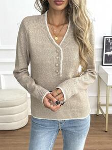 SHEIN Sweater Lengan Panjang Wanita dengan Kancing Setengah Plaket - Aprikot - View 5