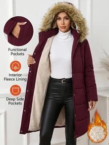 SHEIN Clasi Women's Long Sleeve Faux Fur Collar Patchwork Hooded Padded Coat - Burgundy - View 2