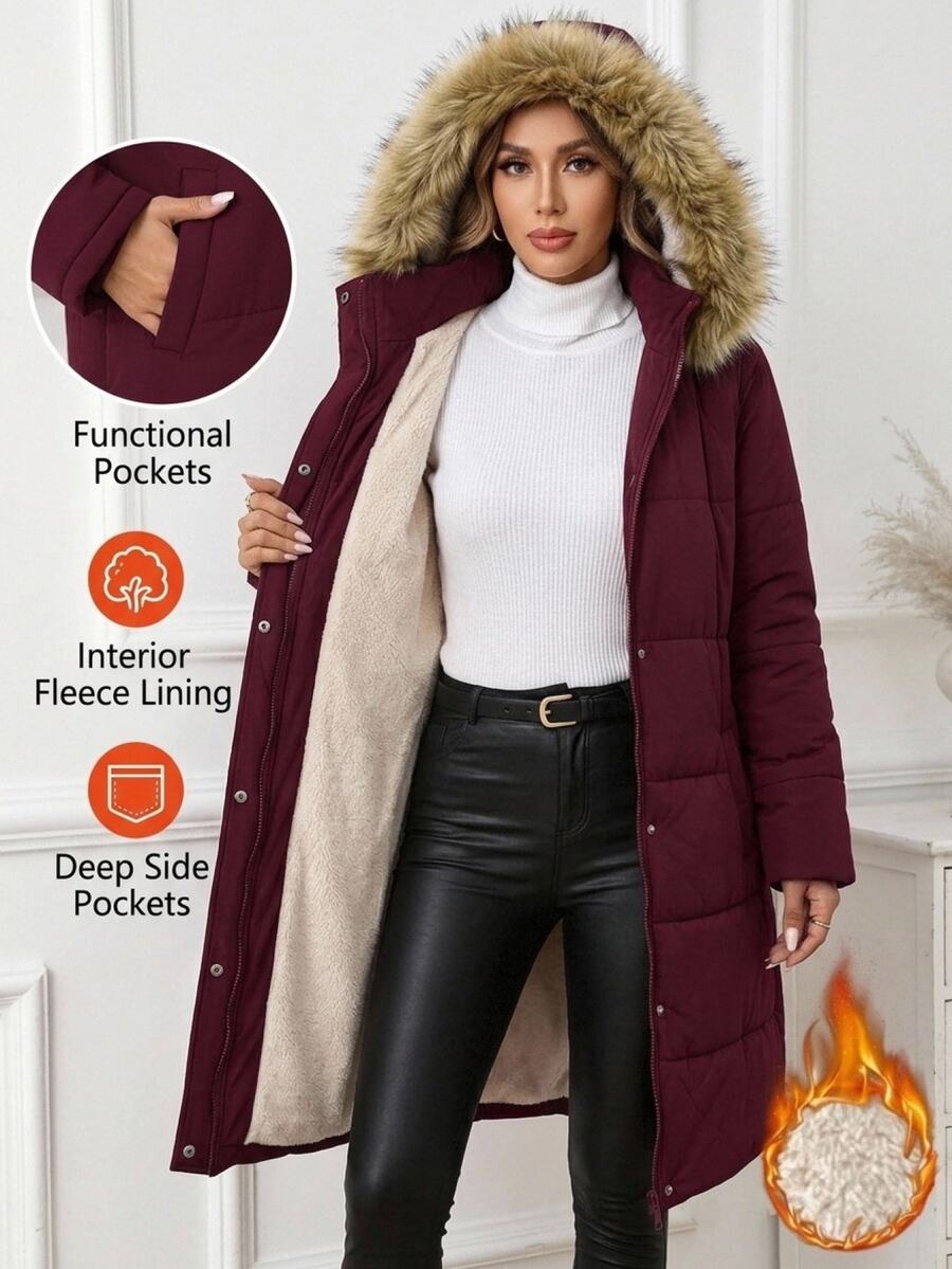 SHEIN Clasi Women's Long Sleeve Faux Fur Collar Patchwork Hooded Padded Coat