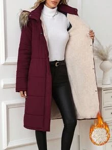 SHEIN Clasi Women's Long Sleeve Faux Fur Collar Patchwork Hooded Padded Coat - Burgundy - View 13