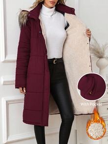 SHEIN Clasi Women's Long Sleeve Faux Fur Collar Patchwork Hooded Padded Coat - Burgundy - View 9