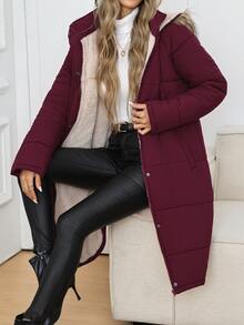 SHEIN Clasi Women's Long Sleeve Faux Fur Collar Patchwork Hooded Padded Coat - Burgundy - View 7