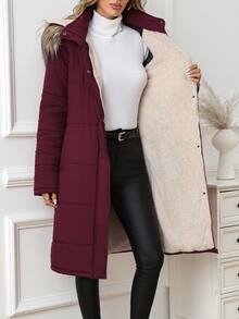 SHEIN Clasi Women's Long Sleeve Faux Fur Collar Patchwork Hooded Padded Coat - Burgundy - View 12