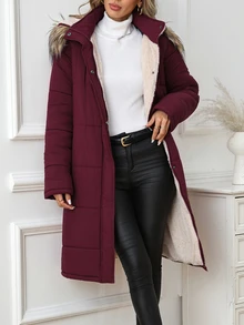 SHEIN Clasi Women's Long Sleeve Faux Fur Collar Patchwork Hooded Padded Coat - Burgundy - View 5