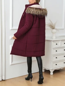 SHEIN Clasi Women's Long Sleeve Faux Fur Collar Patchwork Hooded Padded Coat - Burgundy - View 3