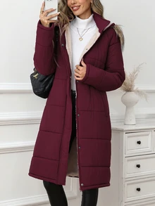 SHEIN Clasi Women's Long Sleeve Faux Fur Collar Patchwork Hooded Padded Coat - Burgundy - View 4