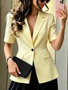 SHEIN Women's Solid Color Lapel NeckShort Sleeve Single Button Casual Lightweight Blazer - Yellow - View 1