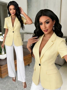 SHEIN Women's Solid Color Lapel NeckShort Sleeve Single Button Casual Lightweight Blazer - Yellow - View 8