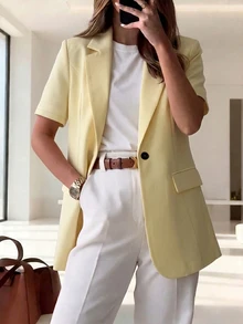 SHEIN Women's Solid Color Lapel NeckShort Sleeve Single Button Casual Lightweight Blazer - Yellow - View 6
