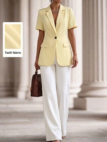 SHEIN Women's Solid Color Lapel NeckShort Sleeve Single Button Casual Lightweight Blazer - Yellow - View 5