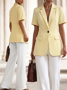 SHEIN Women's Solid Color Lapel NeckShort Sleeve Single Button Casual Lightweight Blazer - Yellow - View 4