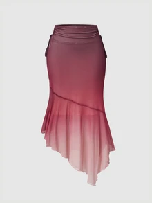 SHEIN MOD Women's Pink Gradient Mesh Shoulder Top And Asymmetrical Hem Skirt Fashion 2 Pieces Set - Multicolor - View 11