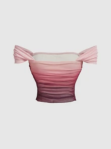 SHEIN MOD Women's Pink Gradient Mesh Shoulder Top And Asymmetrical Hem Skirt Fashion 2 Pieces Set - Multicolor - View 9