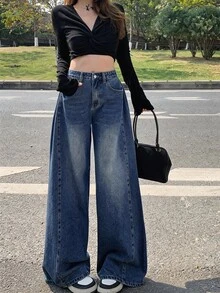 DAZY 女款休閒時尚街頭風日常通勤水洗寬鬆寬腿牛仔褲可愛上衣 - 藍色 - 查看 3