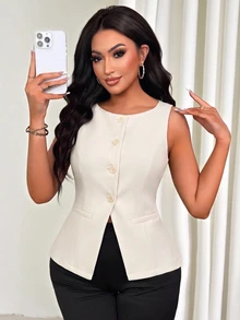 Vavine Fashionable Versatile Commuter Solid Color Vest - Apricot - View 7