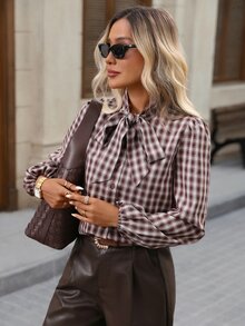 Brillora 女款秋冬格紋蝴蝶結細肩帶優雅休閒度假襯衫，鄉村音樂節風格女式襯衫 - 彩色 - 查看 3
