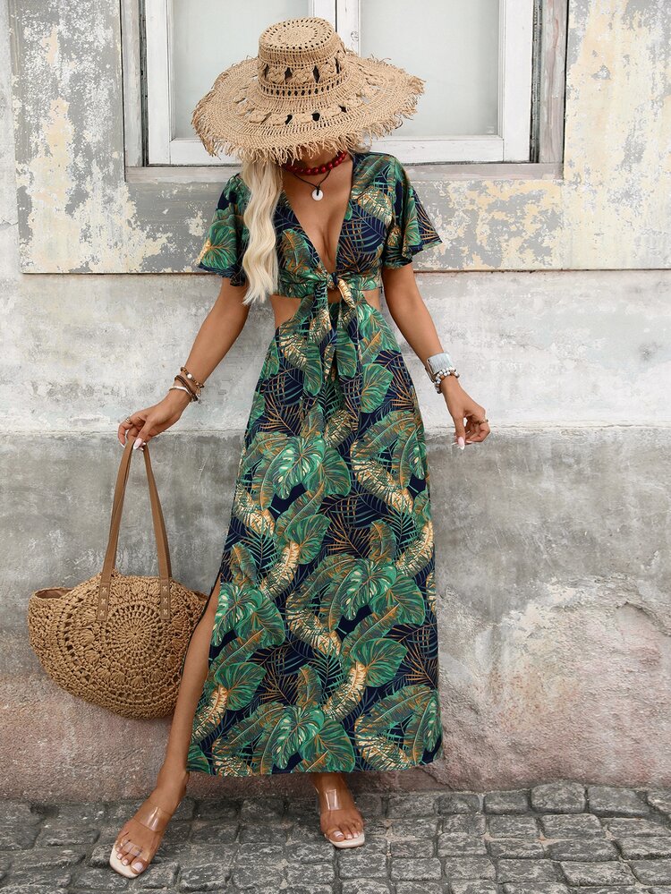 Brillora Vacation Printed Woven Dress For Women Vacation Navy Blue Floral Summer Tropical Vacation Beach Tropical - Green - View 6