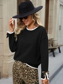 Brillora Women's Fall Fashion Casual Minimalist French Retro Elegant Round Neck Knit Black And White Leopard Print Sweater City Break Travel Date Office - Black and White - View 1