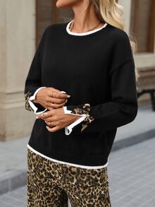 Brillora Women's Fall Fashion Casual Minimalist French Retro Elegant Round Neck Knit Black And White Leopard Print Sweater City Break Travel Date Office - Black and White - View 3