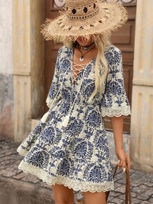 Brillora Summer Beige Base Blue Porcelain Baroque Print Short Dress, V-Neck, Cinched Waist, Pleated A-Line Flared 3/4 Sleeve Vacation Dress, Boho - Blue - View 4