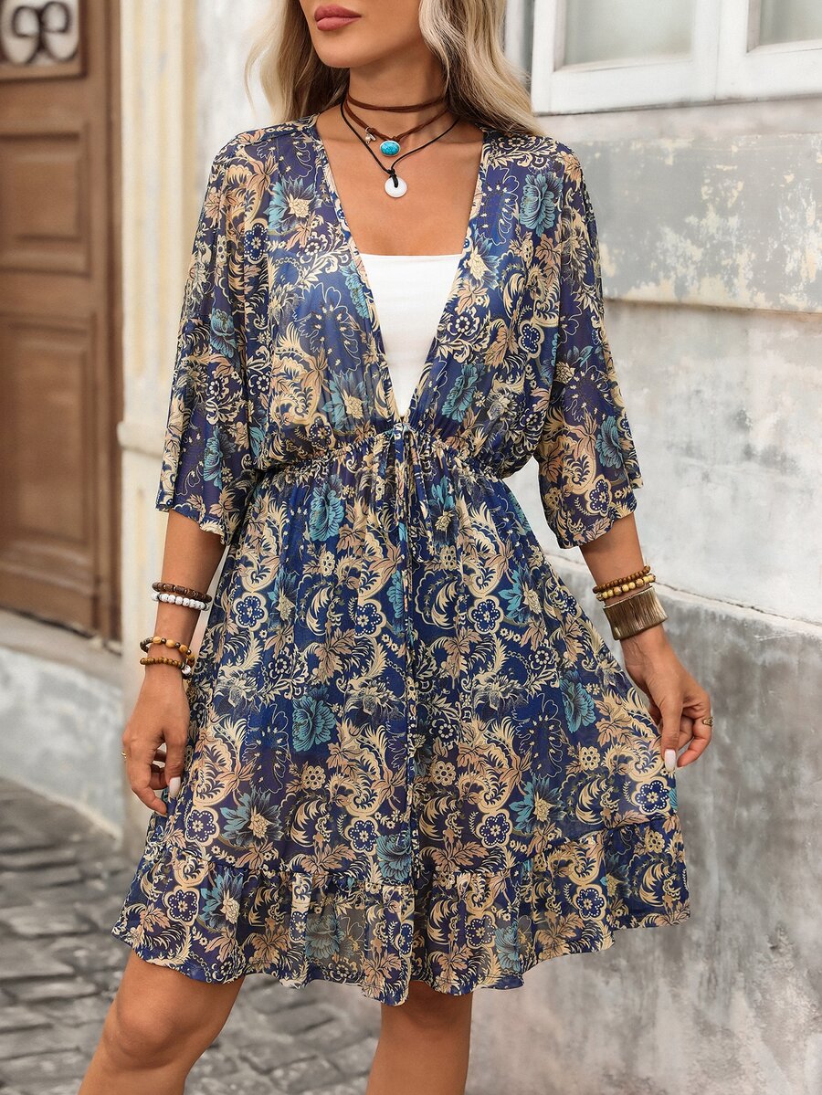 Brillora Damen Sommer Mode Lässig Elegant Urlaub Romantischer Muster Minimalistisch Bequem Locker Tailliert V-Ausschnitt Cover-Up, Elegantes Damenkleid, Damen Urlaubsoutfit Urlaubskleid, Country Musik Festival Outfit, Rüschenkleid, Blaues Kleid & Blaues Damen Cover-Up
