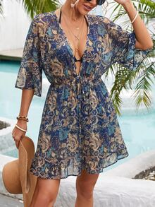 Brillora Damen Sommer Mode Lässig Elegant Urlaub Romantischer Muster Minimalistisch Bequem Locker Tailliert V-Ausschnitt Cover-Up, Elegantes Damenkleid, Damen Urlaubsoutfit Urlaubskleid, Country Musik Festival Outfit, Rüschenkleid, Blaues Kleid & Blaues Damen Cover-Up - Blau - Übersicht 8