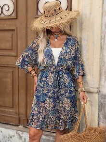 Brillora Damen Sommer Mode Lässig Elegant Urlaub Romantischer Muster Minimalistisch Bequem Locker Tailliert V-Ausschnitt Cover-Up, Elegantes Damenkleid, Damen Urlaubsoutfit Urlaubskleid, Country Musik Festival Outfit, Rüschenkleid, Blaues Kleid & Blaues Damen Cover-Up - Blau - Übersicht 7