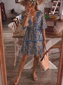 Brillora Damen Sommer Mode Lässig Elegant Urlaub Romantischer Muster Minimalistisch Bequem Locker Tailliert V-Ausschnitt Cover-Up, Elegantes Damenkleid, Damen Urlaubsoutfit Urlaubskleid, Country Musik Festival Outfit, Rüschenkleid, Blaues Kleid & Blaues Damen Cover-Up - Blau - Übersicht 13