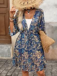 Brillora Damen Sommer Mode Lässig Elegant Urlaub Romantischer Muster Minimalistisch Bequem Locker Tailliert V-Ausschnitt Cover-Up, Elegantes Damenkleid, Damen Urlaubsoutfit Urlaubskleid, Country Musik Festival Outfit, Rüschenkleid, Blaues Kleid & Blaues Damen Cover-Up - Blau - Übersicht 5