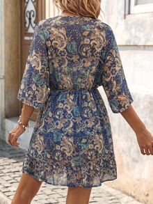 Brillora Damen Sommer Mode Lässig Elegant Urlaub Romantischer Muster Minimalistisch Bequem Locker Tailliert V-Ausschnitt Cover-Up, Elegantes Damenkleid, Damen Urlaubsoutfit Urlaubskleid, Country Musik Festival Outfit, Rüschenkleid, Blaues Kleid & Blaues Damen Cover-Up - Blau - Übersicht 12