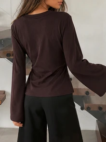 NOVVYNE Women's Elegant Round Neck Button Detail Side Tie Front Long Flared Sleeve Casual Brown Jacket Suitable For Business Office Outings Autumn/Winter - Brown - View 2