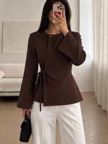NOVVYNE Women's Elegant Round Neck Button Detail Side Tie Front Long Flared Sleeve Casual Brown Jacket Suitable For Business Office Outings Autumn/Winter - Brown - View 5