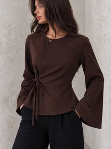 NOVVYNE Women's Elegant Round Neck Button Detail Side Tie Front Long Flared Sleeve Casual Brown Jacket Suitable For Business Office Outings Autumn/Winter - Brown - View 4