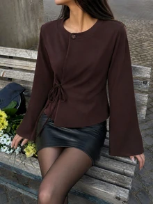 NOVVYNE Women's Elegant Round Neck Button Detail Side Tie Front Long Flared Sleeve Casual Brown Jacket Suitable For Business Office Outings Autumn/Winter - Brown - View 6