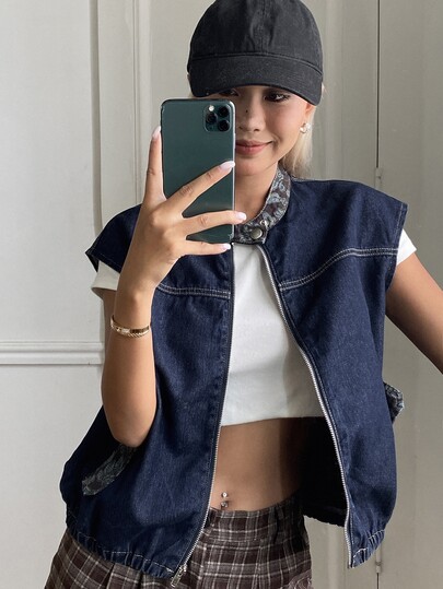 Livesso Jaket Denim Wanita Katun Lengan Panjang Kerah Lipat Kancing Depan Warna Biru Tua Polos Longgar Kasual Streetwear untuk Sehari-hari di Musim Panas