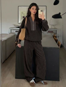Livesso Women's Zip-Up Half-Placket Long Sleeve Sweatshirt And Loose Pants 2 Pieces Set Lounge Sets For Women - Coffee Brown - View 1
