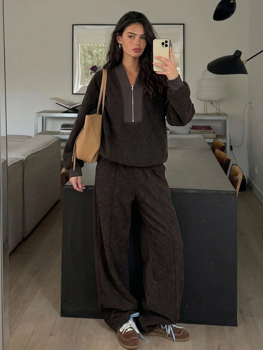 Livesso Women's Zip-Up Half-Placket Long Sleeve Sweatshirt And Loose Pants 2 Pieces Set Lounge Sets For Women - Coffee Brown - View 1