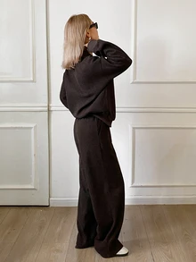 Livesso Women's Zip-Up Half-Placket Long Sleeve Sweatshirt And Loose Pants 2 Pieces Set Lounge Sets For Women - Coffee Brown - View 2