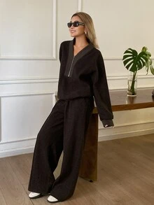 Livesso Women's Zip-Up Half-Placket Long Sleeve Sweatshirt And Loose Pants 2 Pieces Set Lounge Sets For Women - Coffee Brown - View 4