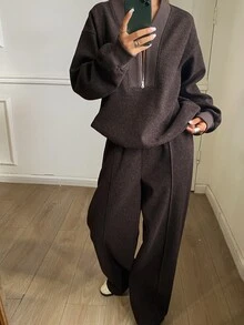 Livesso Women's Zip-Up Half-Placket Long Sleeve Sweatshirt And Loose Pants 2 Pieces Set Lounge Sets For Women - Coffee Brown - View 3