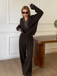 Livesso Women's Zip-Up Half-Placket Long Sleeve Sweatshirt And Loose Pants 2 Pieces Set Lounge Sets For Women - Coffee Brown - View 5