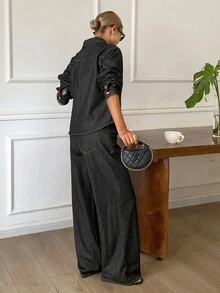 Livesso Fold Pleated Denim Jacket & Wide Leg Jeans Set Fall - Black - View 2
