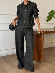 Livesso Fold Pleated Denim Jacket & Wide Leg Jeans Set Fall - Black - View 7