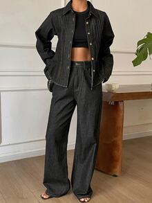 Livesso Fold Pleated Denim Jacket & Wide Leg Jeans Set Fall - Black - View 3