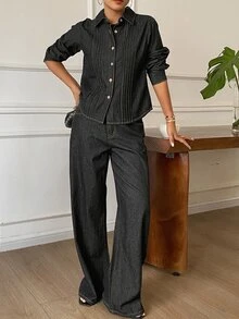 Livesso Fold Pleated Denim Jacket & Wide Leg Jeans Set Fall - Black - View 4