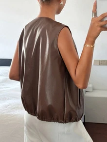 Livesso Women's Fashion Versatile Casual Commuter Work Going Out Vest Jacket Autumn Dark Brown - Brown - View 2