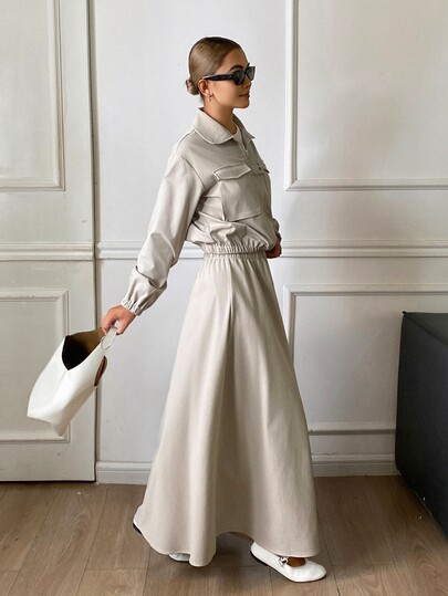 Livesso Women's Autumn Casual Jacket Skirt 2 Pieces Set Everyday Beige