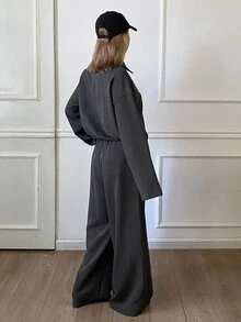 Livesso Women's Button Zipper Long Sleeve Jacket And Loose Pants 2 Pieces Set Lounge Sets For Women Travel Dark Grey Autumn Casual Everyday - Dark Grey - View 2